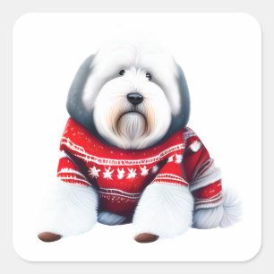 Grappig Oud Engels Sheepdog in Kersttrui Vierkante Sticker