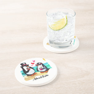Grappig Pinguïn Paar, Dieren in Liefde Zandsteen Onderzetter