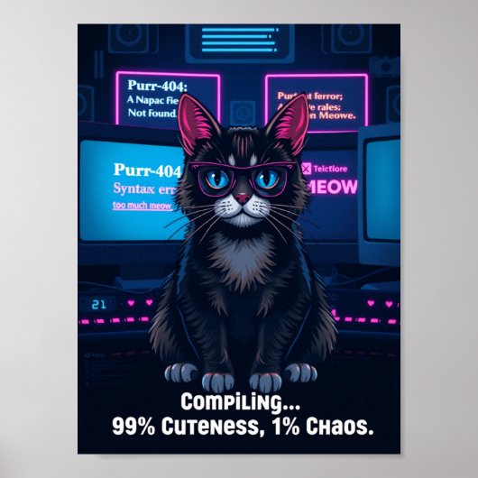 Grappig Programmeur Cat Poster – "Compiling 99% Cu (Voorkant)
