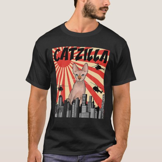 Grappig Retro Japans Catzilla Sphynx Cat T Shirt (Voorkant)