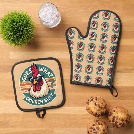 Grappig retro kip kont grap ontwerp ovenwant & pannenlap set (Top down)