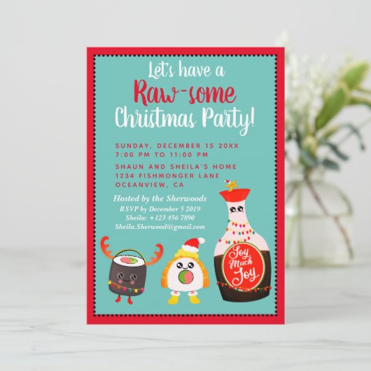 Grappig Rood Kawaii Sushi Feestelijk Kerstfeest Kaart (Staand voorkant)