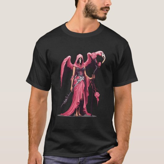 Grappig Roze Flamingo Reaper Skelet Halloween Tric T-shirt (Voorkant)