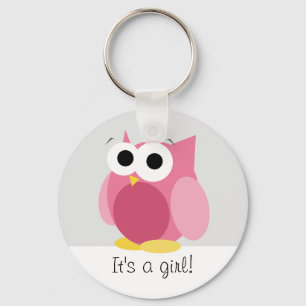 Grappig Roze Owl - Het is een meisje! -Button Sleu Sleutelhanger