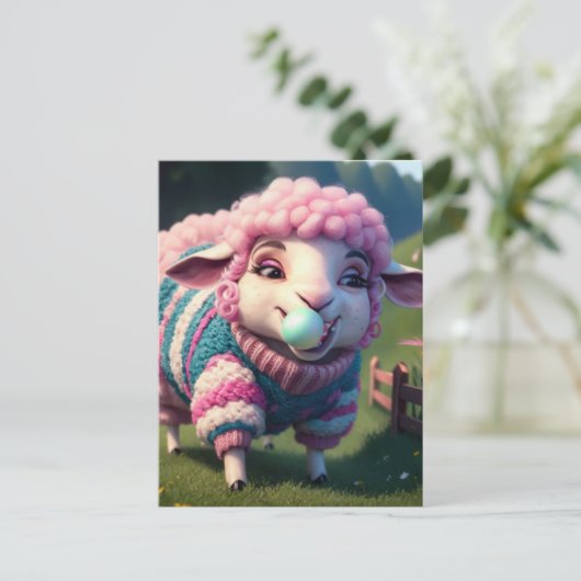 Grappig schaap in een trui kauwen Bubble Gum Briefkaart (Staand voorkant)
