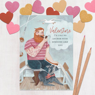 Grappig schattig blauw roze Zee Sailor & dog Valen Feestdagen Kaart