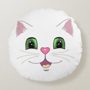 Grappig, schattig kattengezicht op wit rond kussen