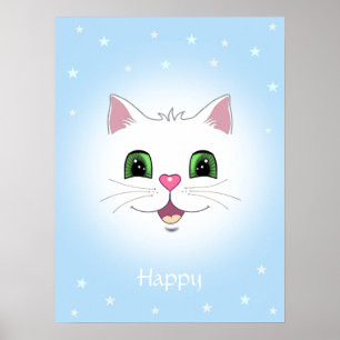 Grappig, schattig wit kattengezicht op lichtblauw poster
