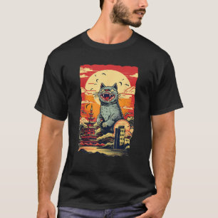  Grappig Schattige Catzilla Cat Art Japanese Sunse T-shirt