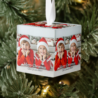 Grappig, Schattige, moderne familiefoto kerst Kubus Ornament