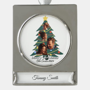 Grappig, Schattige, moderne familiefoto kerst Verzilverd Banner Ornament
