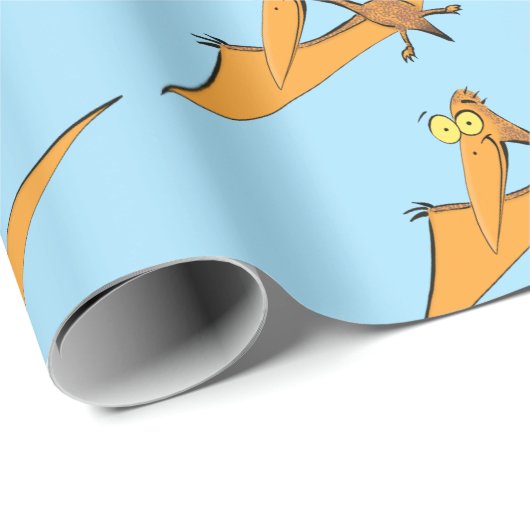 Grappig schattige oranje vliegende pterodactylcart cadeaupapier (Rol Hoek)