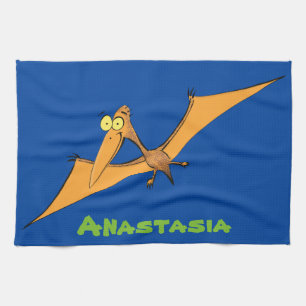 Grappig schattige oranje vliegende pterodactylcart theedoek