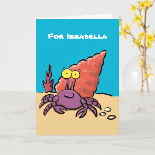 Grappig schattige paarse cartoon-heremietkrab kaart (Gele Bloem)