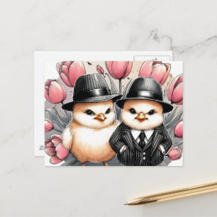 Grappig Schattige  paaskuikens roze tulpen Briefkaart