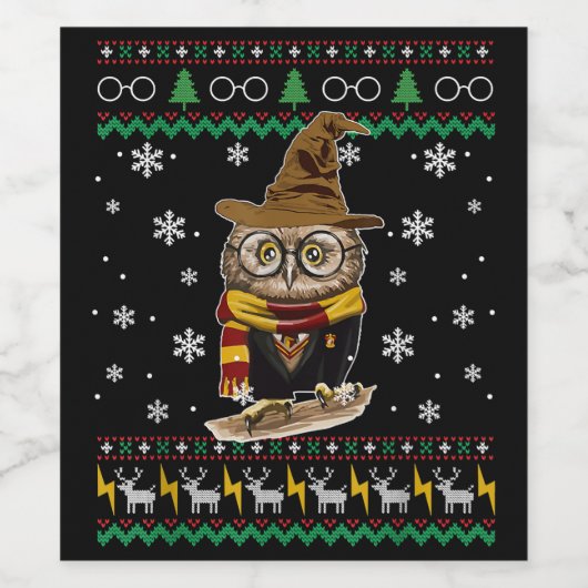 Grappig Schattige Uil Harry Magical Lelijk Kerstca Wijn Etiket (Enkel label)