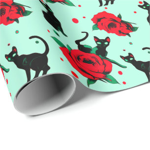 Grappig Schattige zwart katten rood rozen patroon Cadeaupapier