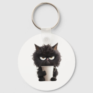 Grappig Schattige Zwarte Kat Koffie Boos Sleutelhanger