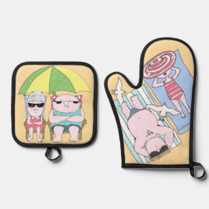 Grappig Seaside Paar Cartoon Seaside Art Ovenwant & Pannenlap Set