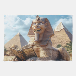 Grappig Sfinxstandbeeld dat oud boek leest in Egyp Theedoek