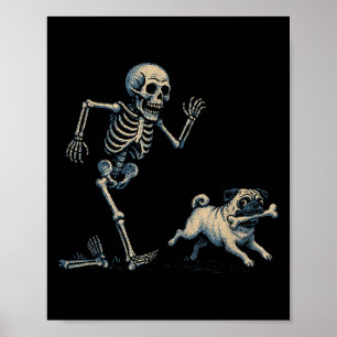 Grappig Skelet Chasing Pug Halloween Hond Mama Pug Poster