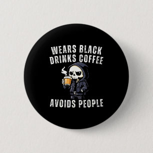 Grappig skelet draagt zwarte dranken koffie vermij ronde button 5,7 cm