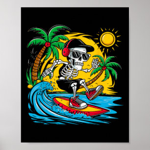 Grappig Skelet Rijdend op Surfplank Surfen Zomer B Poster