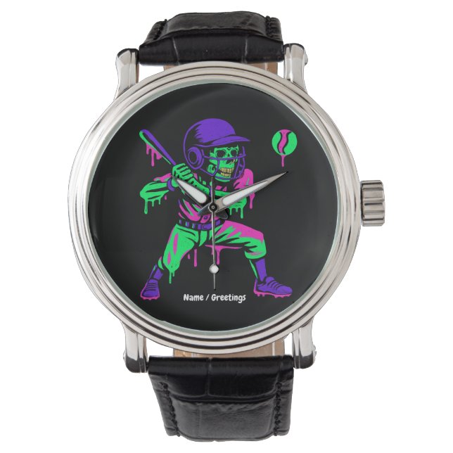 Grappig Skeleton Batting Ice Cream Dripping Baseba Horloge (Voorkant)