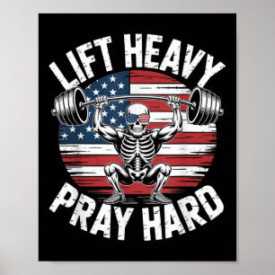 Grappig Skeleton US Vlag Lift Heavy Pray Hard Gym Poster