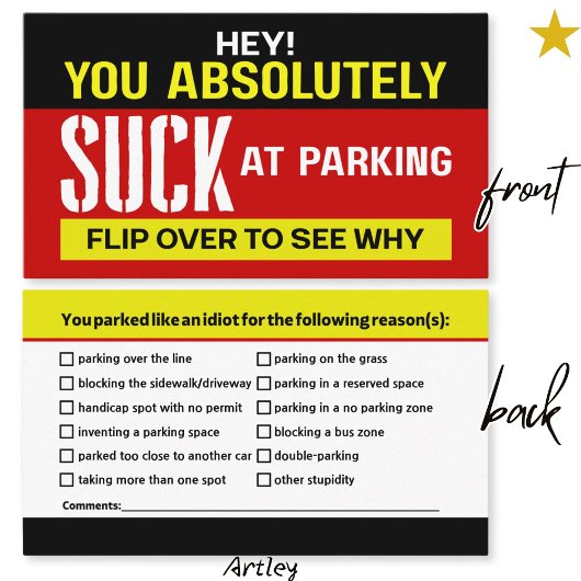Grappig slecht parkeerbriefje oproepkaart visitekaartje