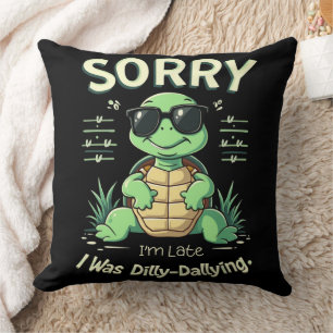 Grappig Sorry dat ik laat schildpad met retro esth Kussen