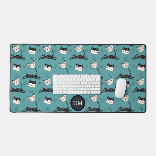 Grappig springen kat gezichten op Blauwgroen monog Bureaumat (Keyboard & Muis)