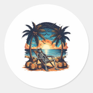 Grappig Summerween Skeleton Beach Party Halloween  Ronde Sticker