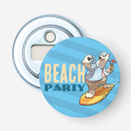 Grappig Surfen Polar Beer Beach Party Cartoon Button Flesopener (Voorkant)