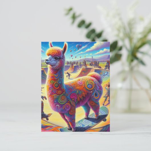 Grappig Surreal Llama Skateboarden Briefkaart (Staand voorkant)