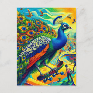 Grappig Surreal Peacock Skateboarden Briefkaart