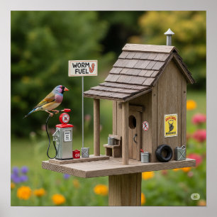 Grappig tankstation Birdhouse Poster