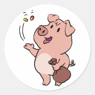 Grappig varkensetende snoepjes achtergrondkleur ronde sticker
