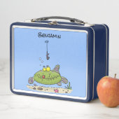 Grappig vethongerige groene visvisserij-cartoon (In situ)