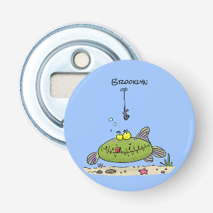 Grappig vethongerige groene visvisserij-cartoon button flesopener