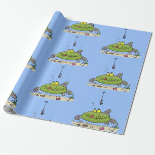 Grappig vethongerige groene visvisserij-cartoon cadeaupapier