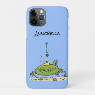Grappig vethongerige groene visvisserij-cartoon iPhone 11 pro hoesje