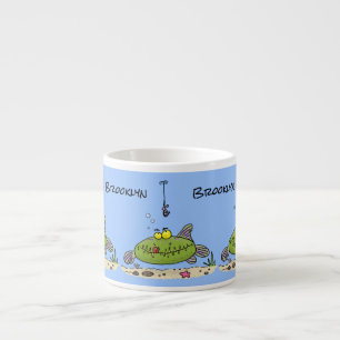 Grappig vethongerige groene visvisserij-cartoon espresso kop