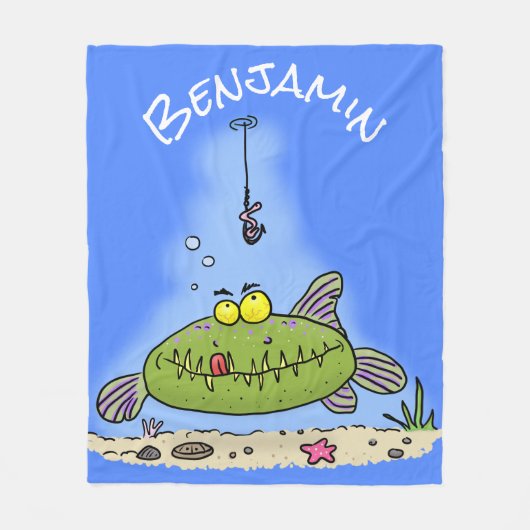 Grappig vethongerige groene visvisserij-cartoon fleece deken (Voorkant)
