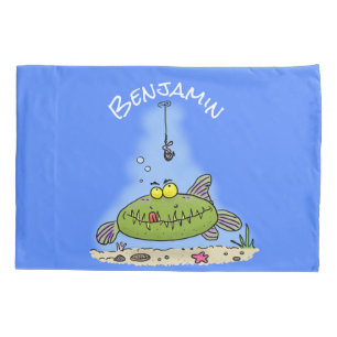 Grappig vethongerige groene visvisserij-cartoon kussensloop