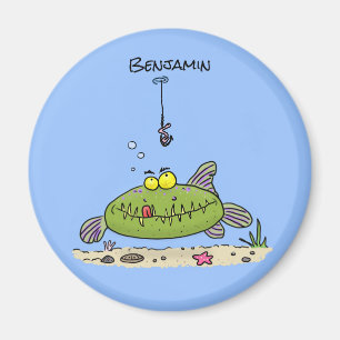 Grappig vethongerige groene visvisserij-cartoon magneet