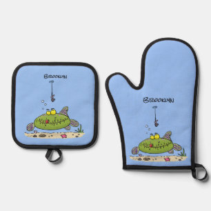 Grappig vethongerige groene visvisserij-cartoon ovenwant & pannenlap set