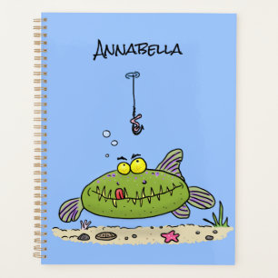 Grappig vethongerige groene visvisserij-cartoon planner