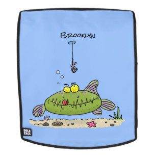Grappig vethongerige groene visvisserij-cartoon rugtassen