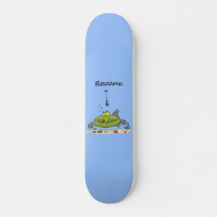 Grappig vethongerige groene visvisserij-cartoon skateboard